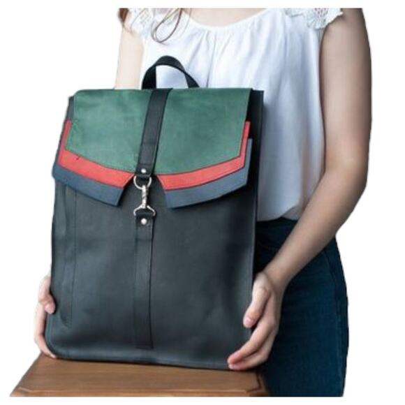 Leather Handmade Backpack Laptop Flap Closure Adjustable Clasp Unisex Brown - Picture 2 of 16